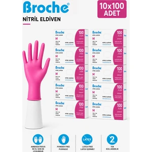 BROCHE PUDRASIZ NİTRİL ELDİVEN M BEDEN PEMBE 10'LU PAKET