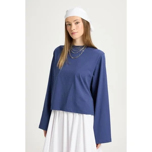 Crop Geniş Kol Oversize Basic T-shirt İndigo