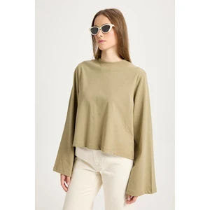 Crop Geniş Kol Oversize Basic T-Shirt Haki