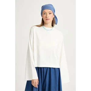 Crop Geniş Kol Oversize Basic T-Shirt Ekru