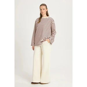Kadın Çizgili Oversize Basic Sweatshirt Bordo Krem 30010