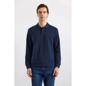 Lacivert Regular Düz Polo Yaka Sweatshirt
