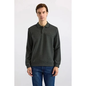 Haki Regular Düz Polo Yaka Sweatshirt