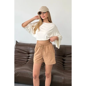 Kadın Beli Ayarlanabilir Çift Cepli Basic Şort Bej - 10038