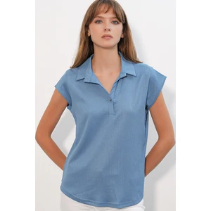 20123 Polo Yaka Örme Bluz - Indigo
