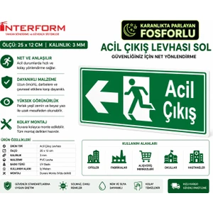 Fosforlu Acil Çıkış Sol Levhası 12 x 25 cm