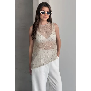 Shopping Shop Pullu File Kolsuz Bluz BEJ
