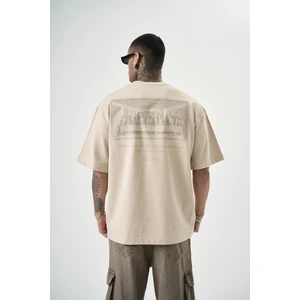 Erkek Da Vinci Baskılı Oversize T-Shirt Bej