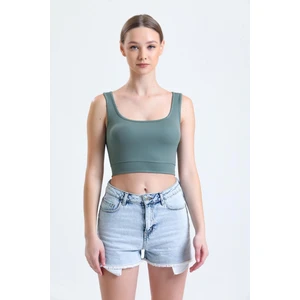 Yeşil Fitilli Kare Yaka Esnek Örme Crop Büstiyer Atlet