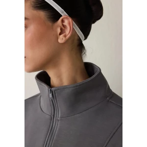 Gri Modal Dik Fermuar Yaka Sweatshirt