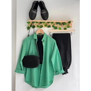 Exit Collection Kadın Abs Boyfriend Uzun Basic Açık Yeşil Tesettür Gömlek