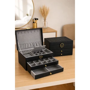 Siyah 2 Çekmeceli Takı Mücevher Kutusu Organizer 13 x 23 x 10 cm Şık ve Fonksiyonel
