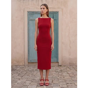 91099 Extra Slim Fit Midi Elbise-Kırmızı