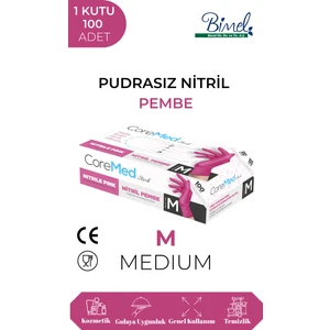 Pembe Nitril Muayene Eldiveni Pudrasız 100’lük Kutu - Medium