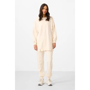 Ekru O Yaka Basic Oversize Kadın Eşofman Tunik Takım - 95347