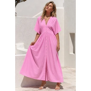 Pembe V Yaka Düğmeli Elbise MG2339
