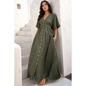 Haki V Yaka Düğmeli Elbise MG2339