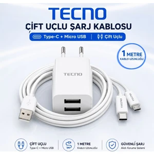 Çift Çıkışlı Şarj Aleti Type-C ve Micro Data Kablolu TCW-E01D Beyaz
