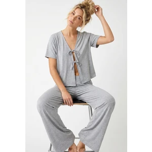 Siyah İnci Gri Bağlamalı Örme Pijama TAKIM7889