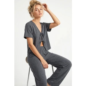 Siyah İnci Antrasit Bağlamalı Örme Pijama TAKIM7889