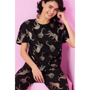 Siyah İnci Siyah Kaplan Varak Baskılı Örme Pijama TAKIM7845