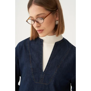 Prem  Koyu Mavi V Yaka Denim Gömlek Tunik