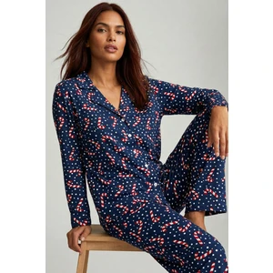 Siyah İnci Yılbaşı Desenli Pamuklu Örme Düğmeli Pijama Takımı