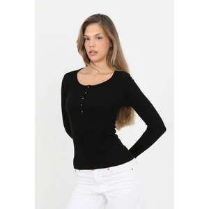 Kadın Siyah Uzun Kollu Fitilli Patlı Düğmeli Basic Örme Bluz - H6162