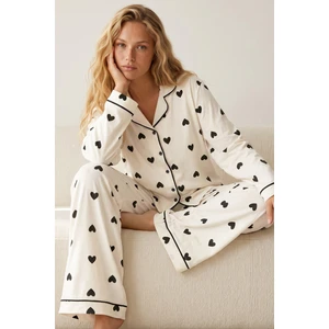 Siyah İnci Düğmeli Biyeli Oversize Pamuklu Örme Pijama Takım 8071