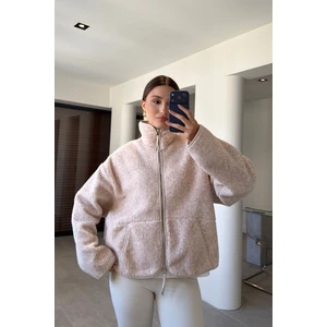Fermuarlı Dik Yaka Polar Ceket- Bej