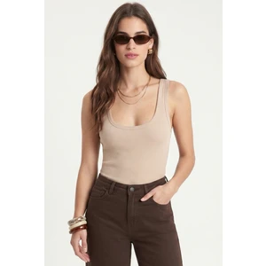 Kadın Cotton Premium Doku Bej Pamuklu Basic Fitilli Atlet