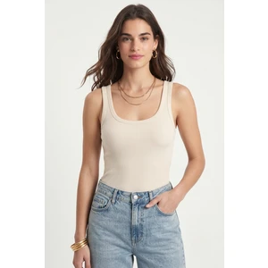 Kadın Cotton Premium Doku Krem Pamuklu Basic Fitilli Atlet