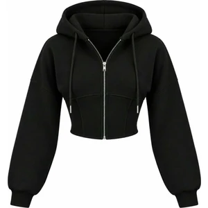 Oversize Kol Kapüşonlu Crop Hırka Siyah - S