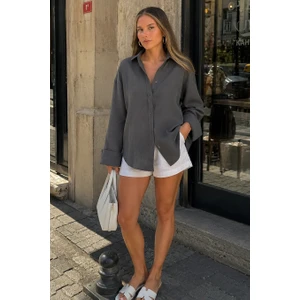 Antrasit Muslin Kumaş Basic Kadın Gömlek MG1660