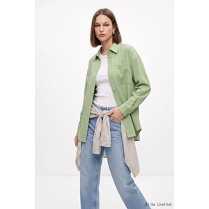 Çağla Yeşili Çift Cepli Oversize Uzun Basic Gömlek Tcr 6256A