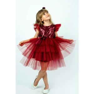 Buse & Eylül Bebe Bordo Pullu Kız Çocuk Parti Elbisesi