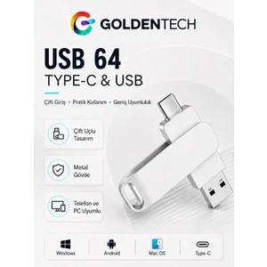 Golden Tech 2 In 1 Çift Taraflı Type-C USB 2.0 Metal USB Bellek