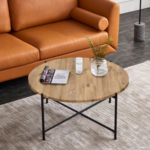 Yuvarlak Orta Sehpa Antik Çam Renk Suntalam Üst Yüzeyli Metal Ayaklı 65 cm 5184