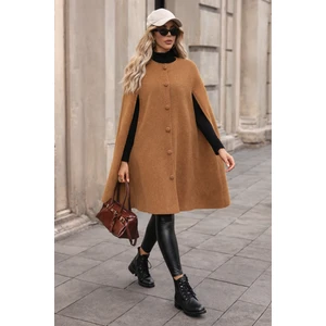 Kadın Düğmeli Premium Comfort Taba Kaşe Panço