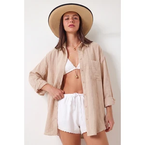 Happiness İstanbul Oversize Basic Müslin Gömlek LMX0002 Taş