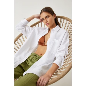 Happiness İstanbul Oversize Basic Müslin Gömlek LMX0002 Beyaz