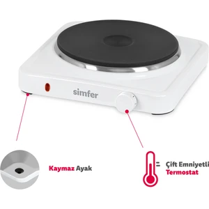 Hp1500w Beyaz Hot Plate Tek Gözü Elektrikli Ocak (Çift Emniyetli Termostat , 1500W Krom Çember)