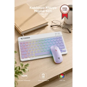 Kablosuz Klavye Mouse Seti Rgb Işıklı Şarj Edilebilir TMK09 Mor