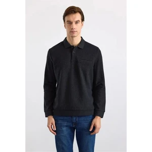 Siyah Regular Düz Polo Yaka Sweatshirt