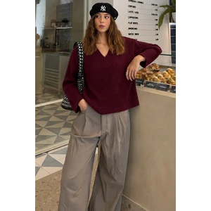 Bordo V Yaka Triko Kadın Kazak MG2501
