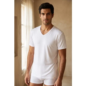 Basic Modal  V Yaka Erkek Tshirt Beyaz