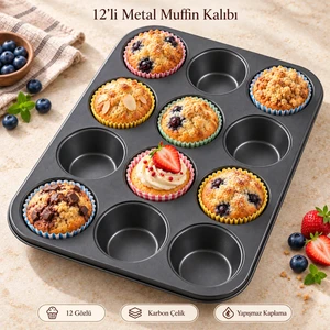 Tilbe Home 12'li Muffin Kalıbı Karbon Çelik Çift Kat Yapışmaz Kaplamalı Cupcake Mini Kek Brownie Kurabiye ve Çörek Pişirme Tepsisi 12 Gözlü Tek Parça Metal Fırın Kalıbı İnox Siyah Mutfak Kek Gereçleri