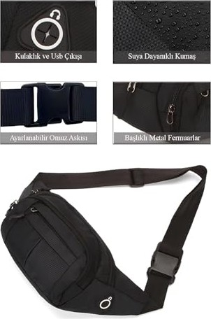Aesco Av A Dos Siyah Unisex Suya Dayanıklı Çapraz Askılı Omuz Bel Çanta Günlük Yürüyüş Koşu Outdoor Çanta görsel 3