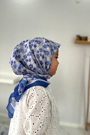 Başörtü Dükkanı Başörtü Çocuk Pamuk Eşarp Mavi Kır Çiçeği görsel 2