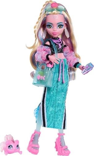 Die Grup Monster High Bebek, Lagoona Mavisi Crop Top ve Sportif Maxi Etek Evcil Hayvan Balık Neptuna ve Shell Güneş Gözlüğü, Atıştırmalık ve Çanta, JHK33 Gibi 7 Aksesuar